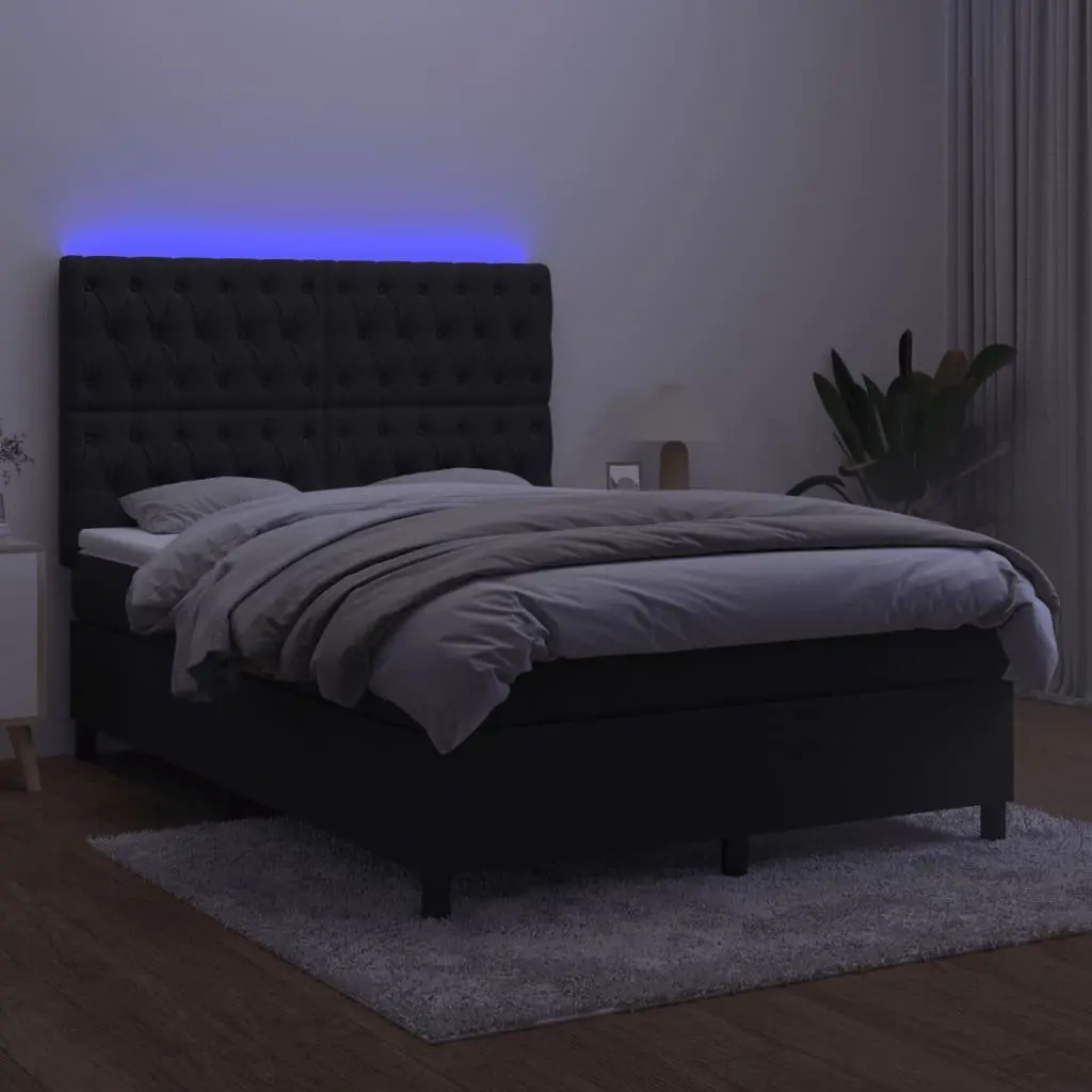 Double Box Spring Bed Black Velvet Adjustable Headboard Pocket Spring Mattress LED Lighting 137x187cm