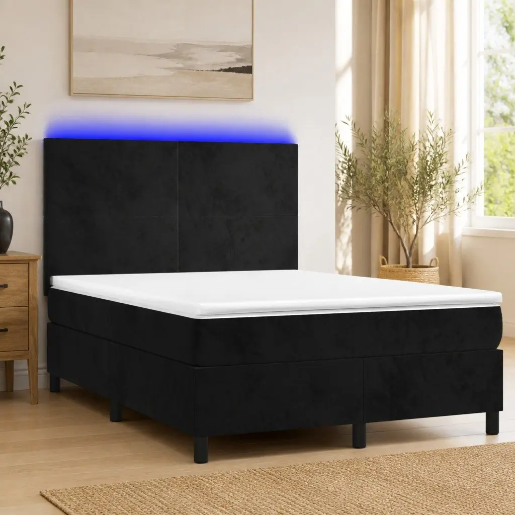 Queen Size Box Spring Bed Black Velvet with Pocket Spring Mattress and LED Headboard