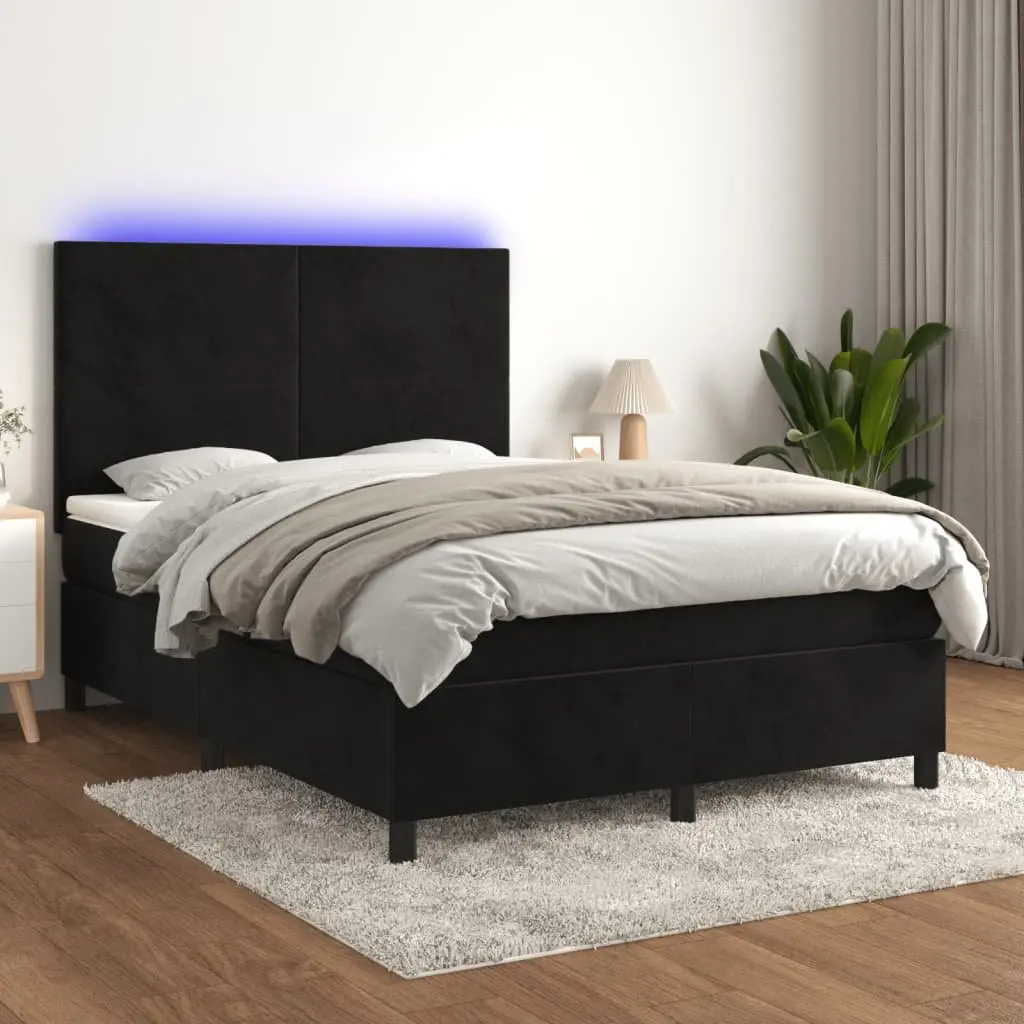 Queen Size Box Spring Bed Black Velvet with Pocket Spring Mattress and LED Headboard