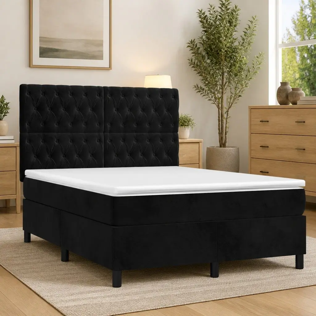 Queen Size Box Spring Bed Black Velvet Adjustable Headboard Pocket Spring Mattress LED Lighting