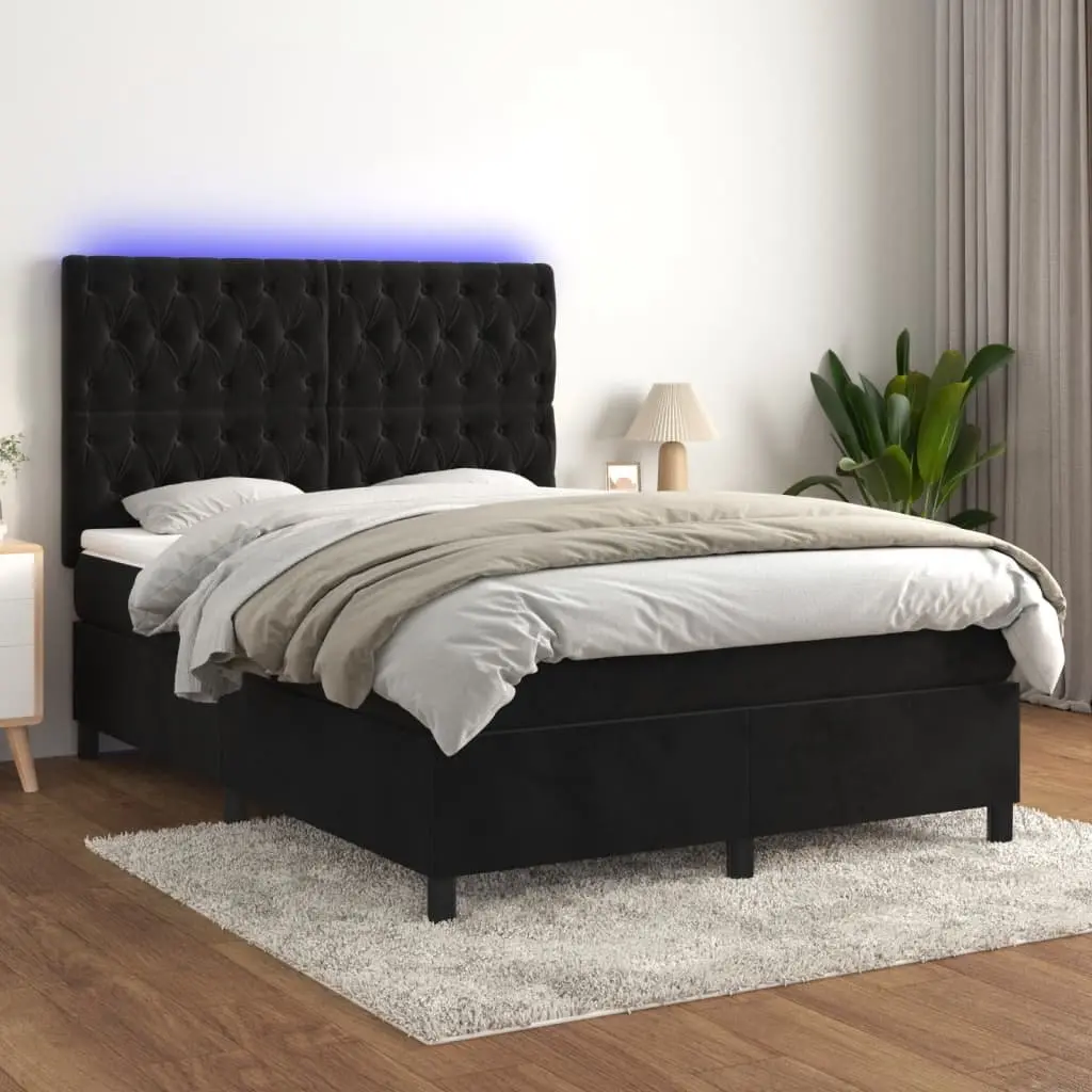 Queen Size Box Spring Bed Black Velvet Adjustable Headboard Pocket Spring Mattress LED Lighting