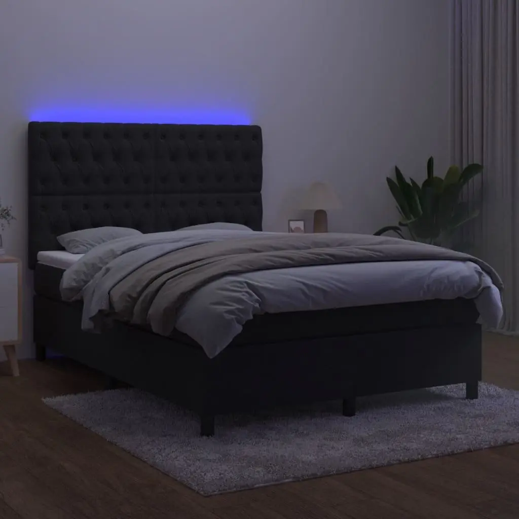 Queen Size Box Spring Bed Black Velvet Adjustable Headboard Pocket Spring Mattress LED Lighting