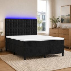 Queen Size Velvet Box Spring Bed with LED Headboard