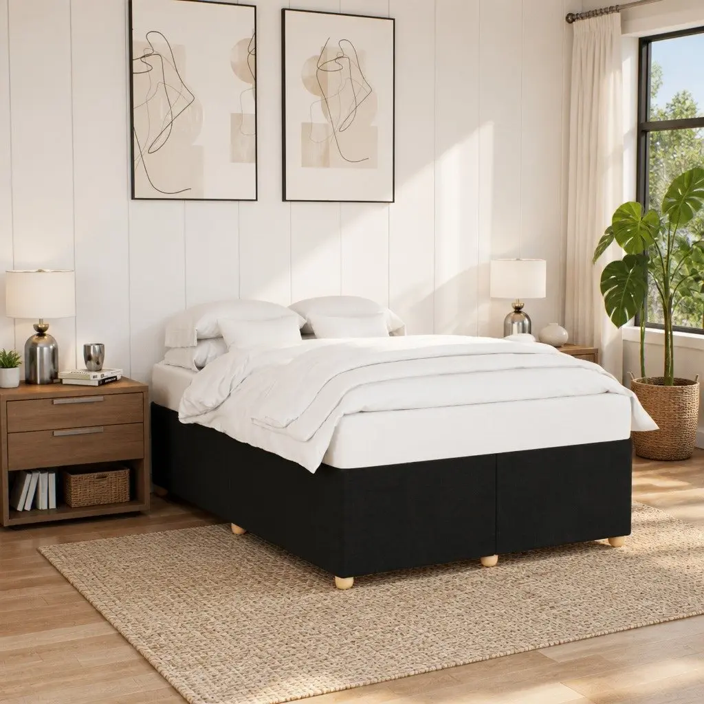 Queen Bed Frame Black Fabric Upholstered Platform Slatted Frame Wood