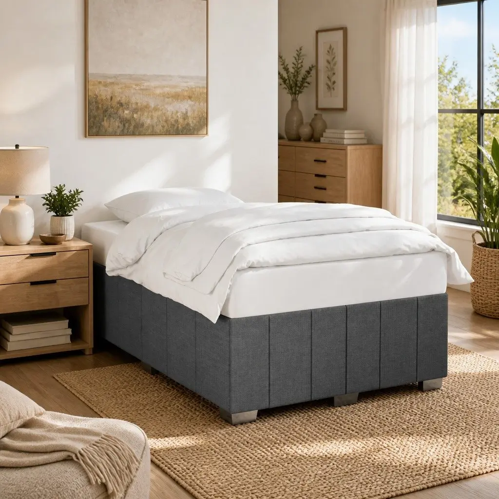 Double Bed Frame Grey Fabric Slats Support Bedroom Furniture No Mattress