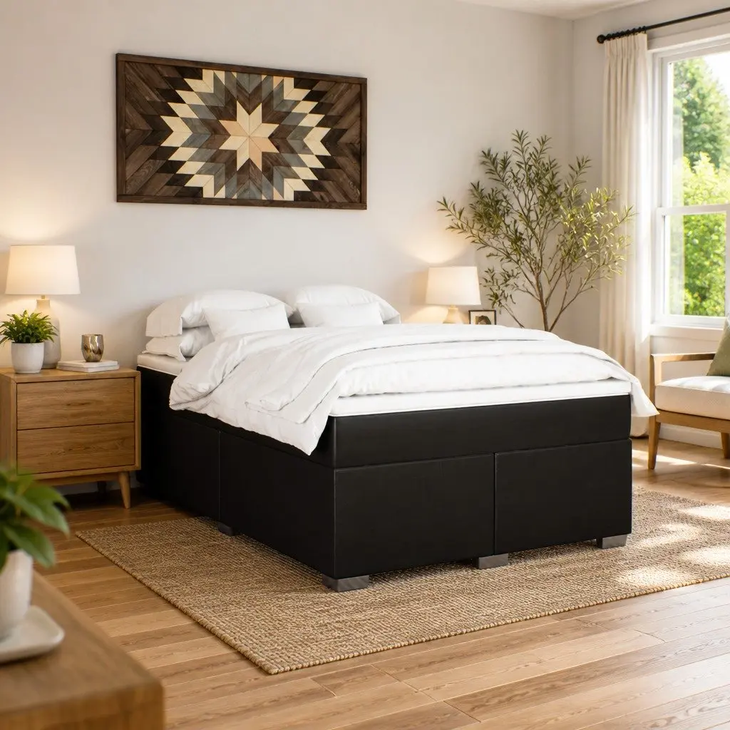Queen Size Box Spring Bed Black Faux Leather Frame Pocket Spring Mattress