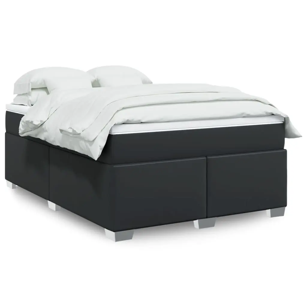 Queen Size Box Spring Bed Black Faux Leather Frame Pocket Spring Mattress