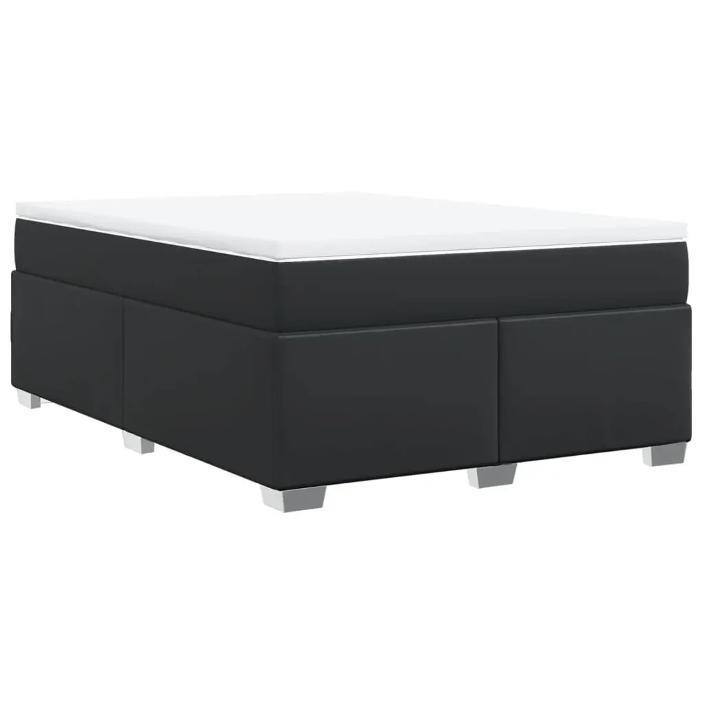 Queen Size Box Spring Bed Black Faux Leather Frame Pocket Spring Mattress