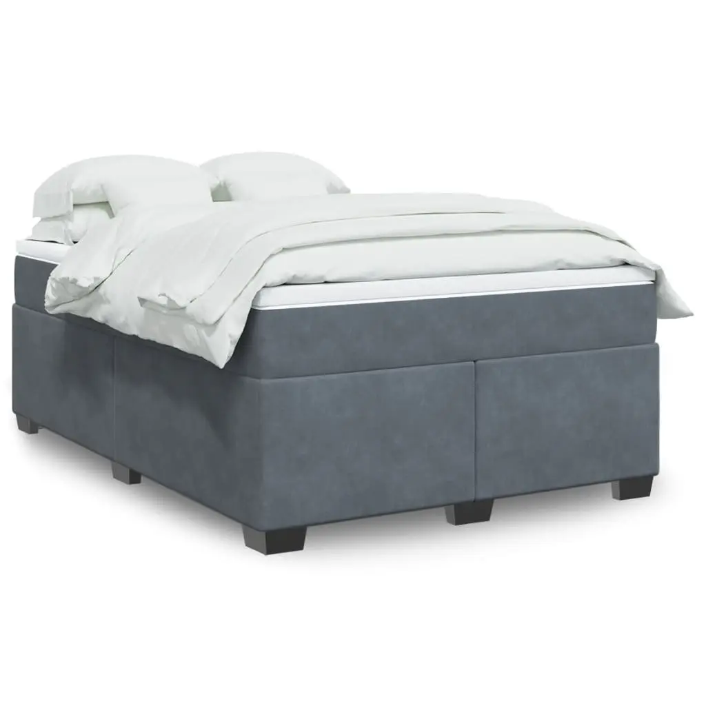 Box Spring Bed Grey Velvet Queen Size Pocket Spring Mattress