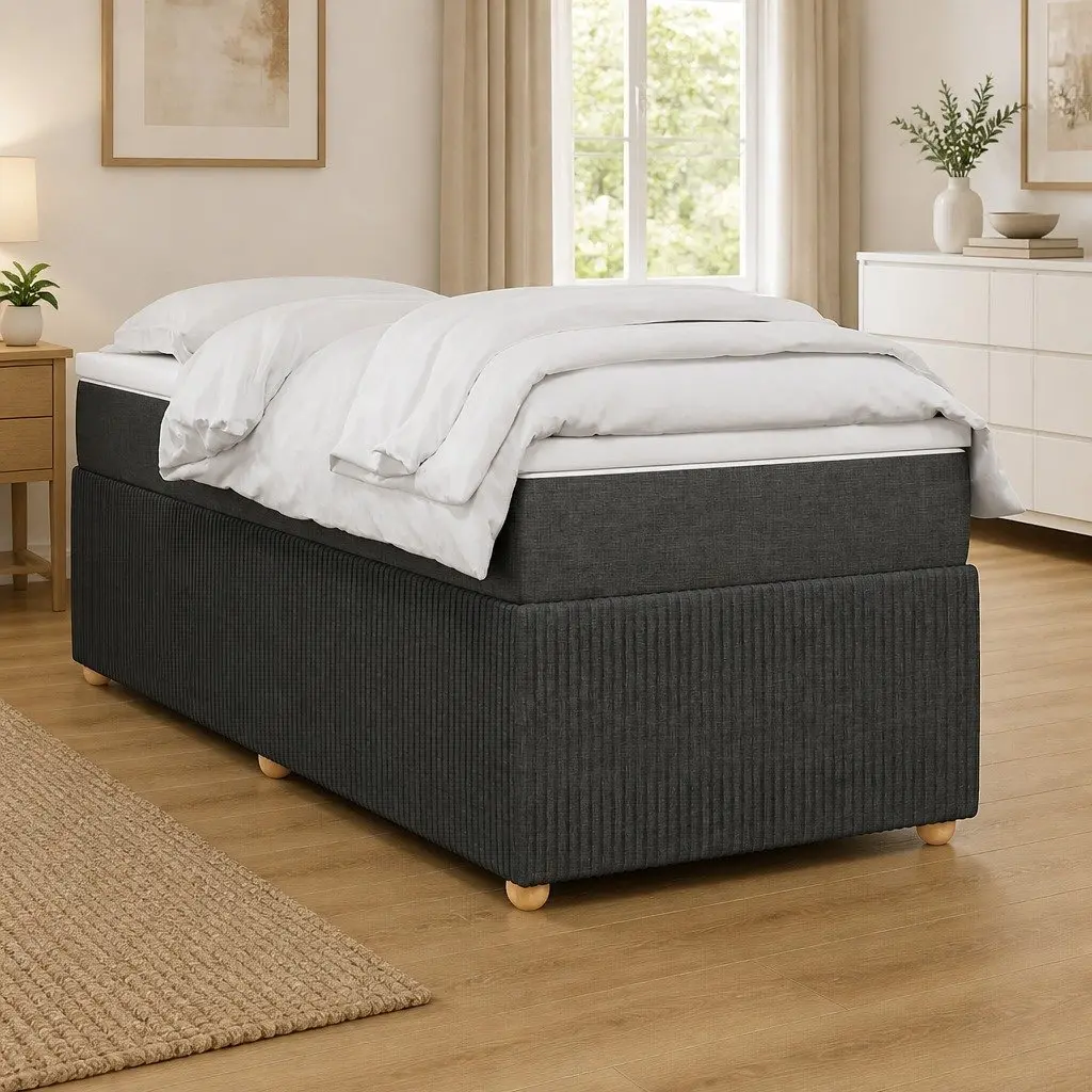 Box Spring Bed King Single Black Fabric Frame Pocket Spring Mattress