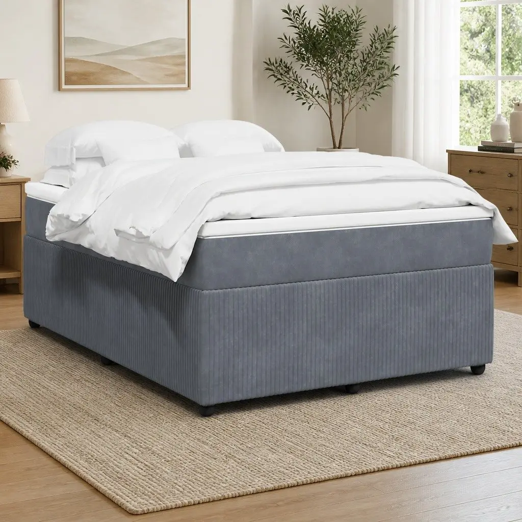 Box Spring Bed Grey Velvet Upholstered Frame Double Pocket Spring Mattress