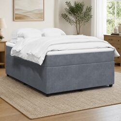 Grey Velvet Upholstered Box Spring Bed with Pocket Spring Mattress