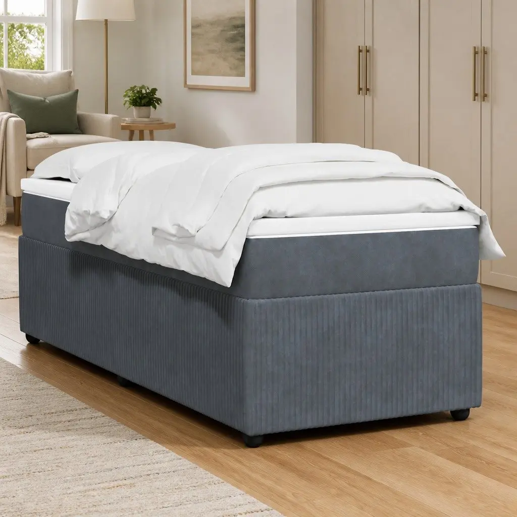 Box Spring Bed Grey Velvet King Single Upholstered Frame Pocket Spring Mattress
