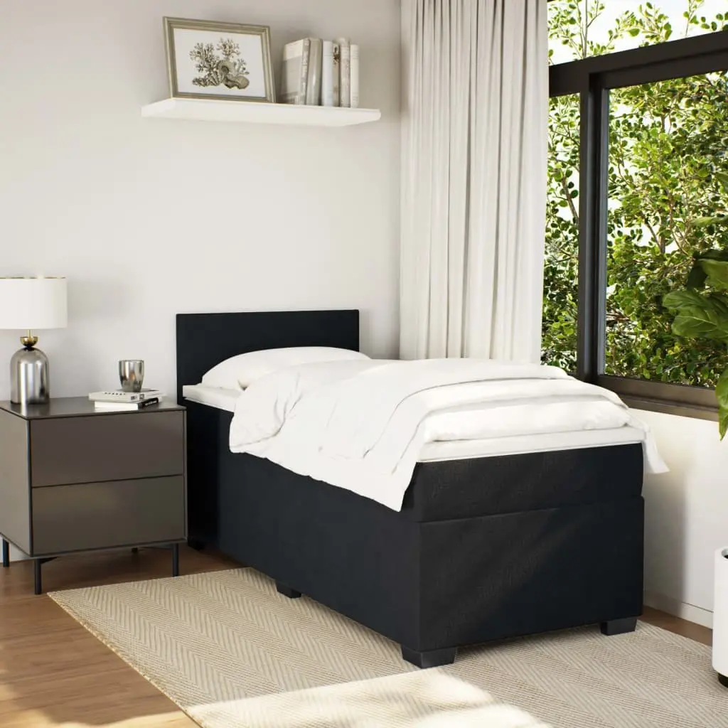 Box Spring Bed King Single Black Fabric Frame Pocket Spring Mattress Slats