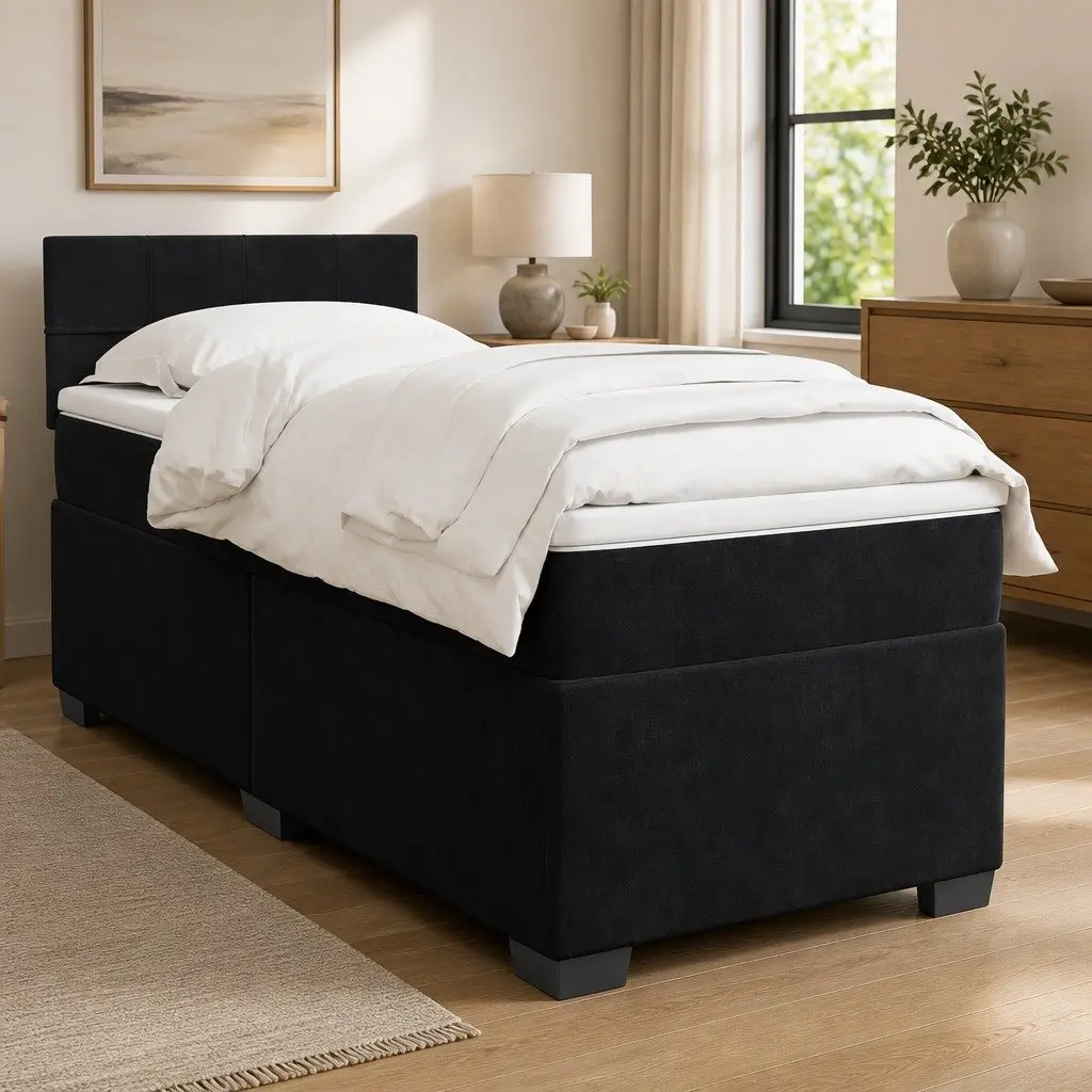 Box Spring Bed King Single Black Fabric Frame Pocket Spring Mattress