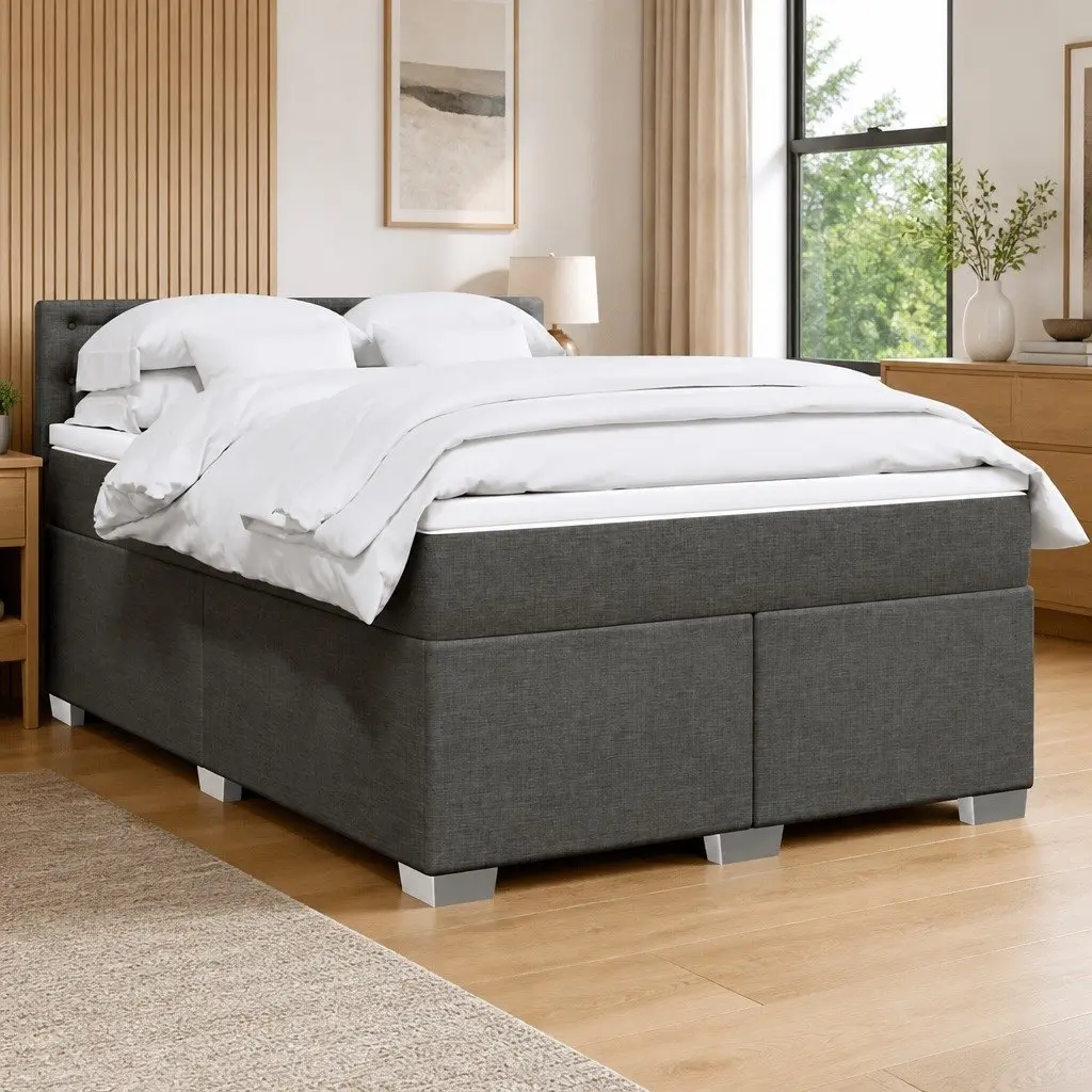 Double Box Spring Bed Black Fabric Frame Pocket Spring Mattress