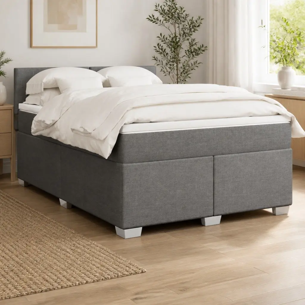 Queen Box Spring Bed Grey Fabric Frame Pocket Spring Mattress Slats