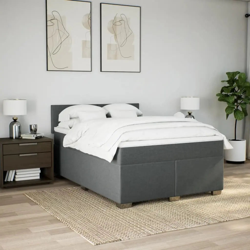 Queen Box Spring Bed Grey Fabric Frame Pocket Spring Mattress Slats