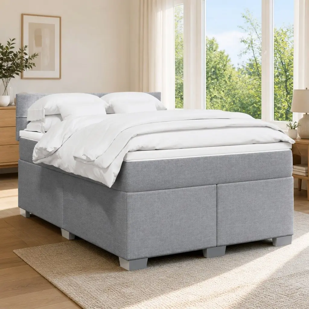 Queen Box Spring Bed Grey Fabric Pocket Spring Mattress