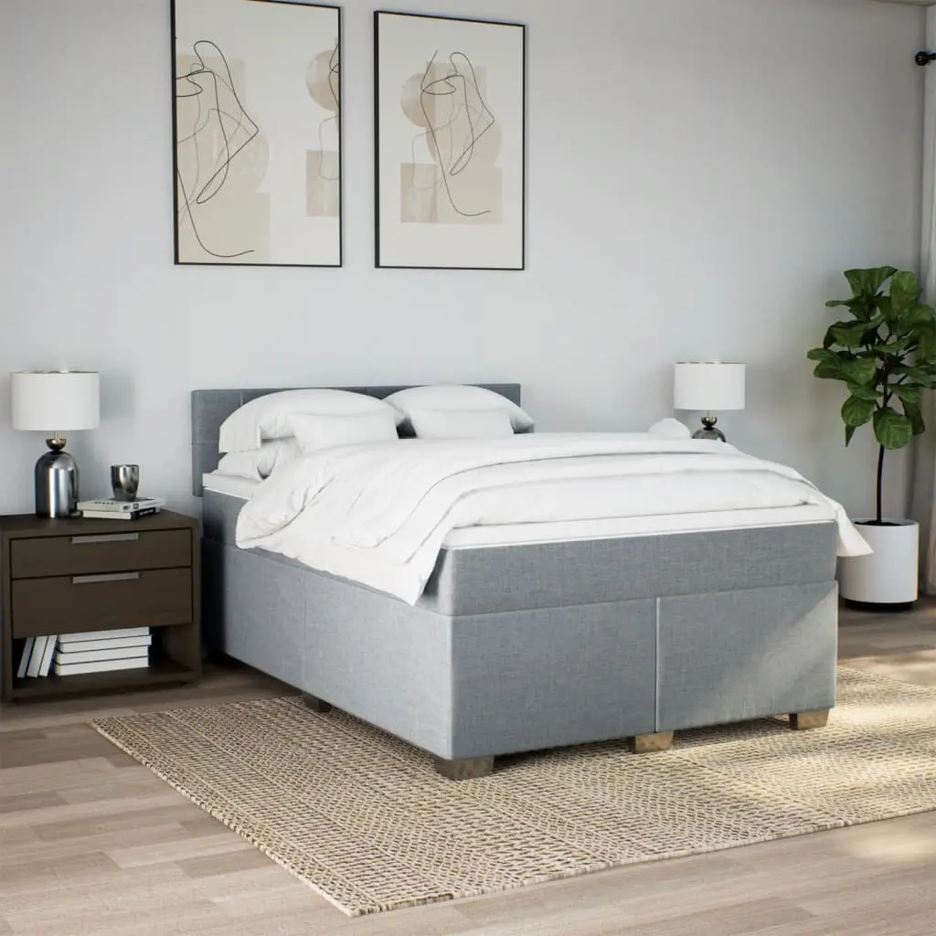 Queen Box Spring Bed Grey Fabric Pocket Spring Mattress