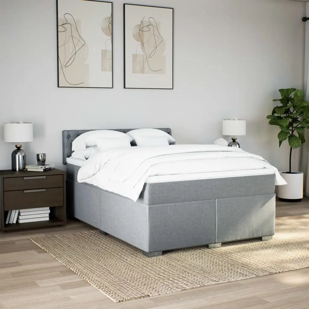 Queen Box Spring Bed Dark Grey Fabric Upholstered Frame Pocket Spring Mattress