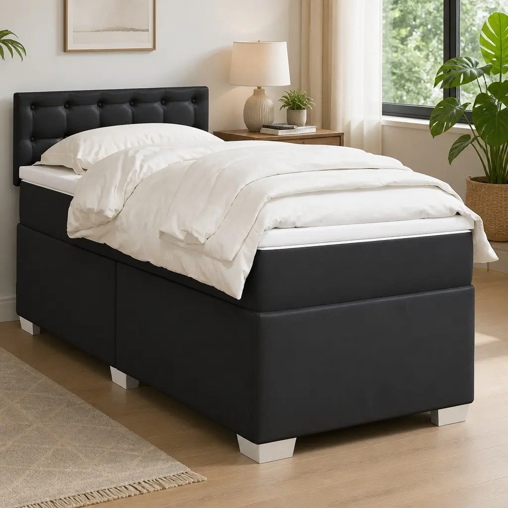King Single Box Spring Bed Black Faux Leather Frame Pocket Sprung Mattress