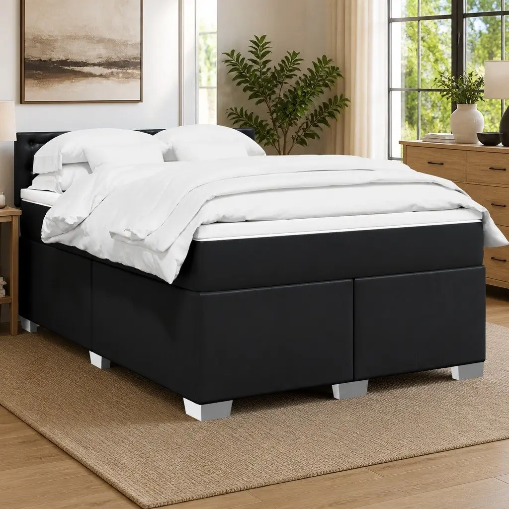 Queen Faux Leather Bed with Pocket Spring Mattress and Slatted Base Black