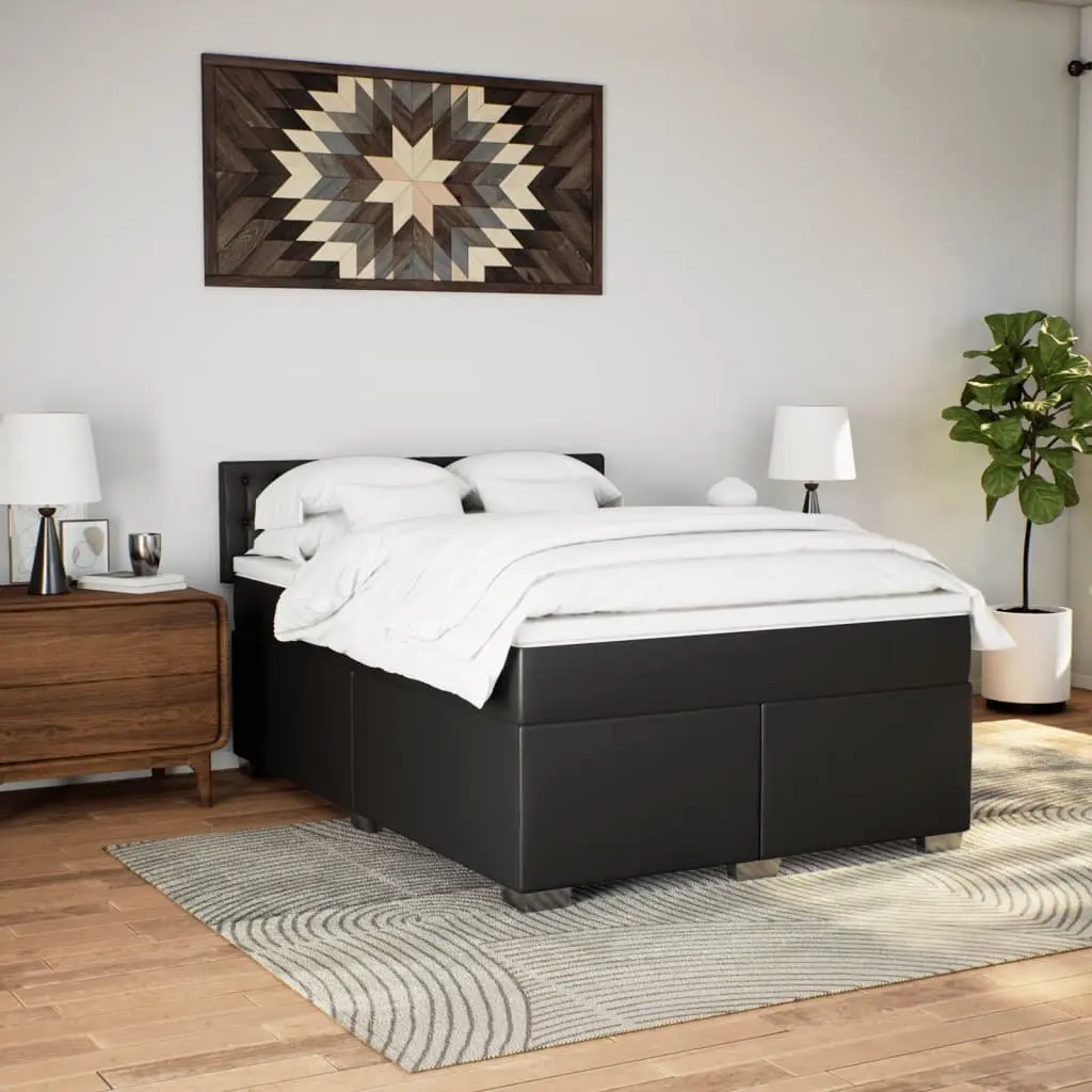 Queen Faux Leather Bed with Pocket Spring Mattress and Slatted Base Black