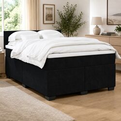Grey Velvet Upholstered Double Box Spring Bed with Mattress