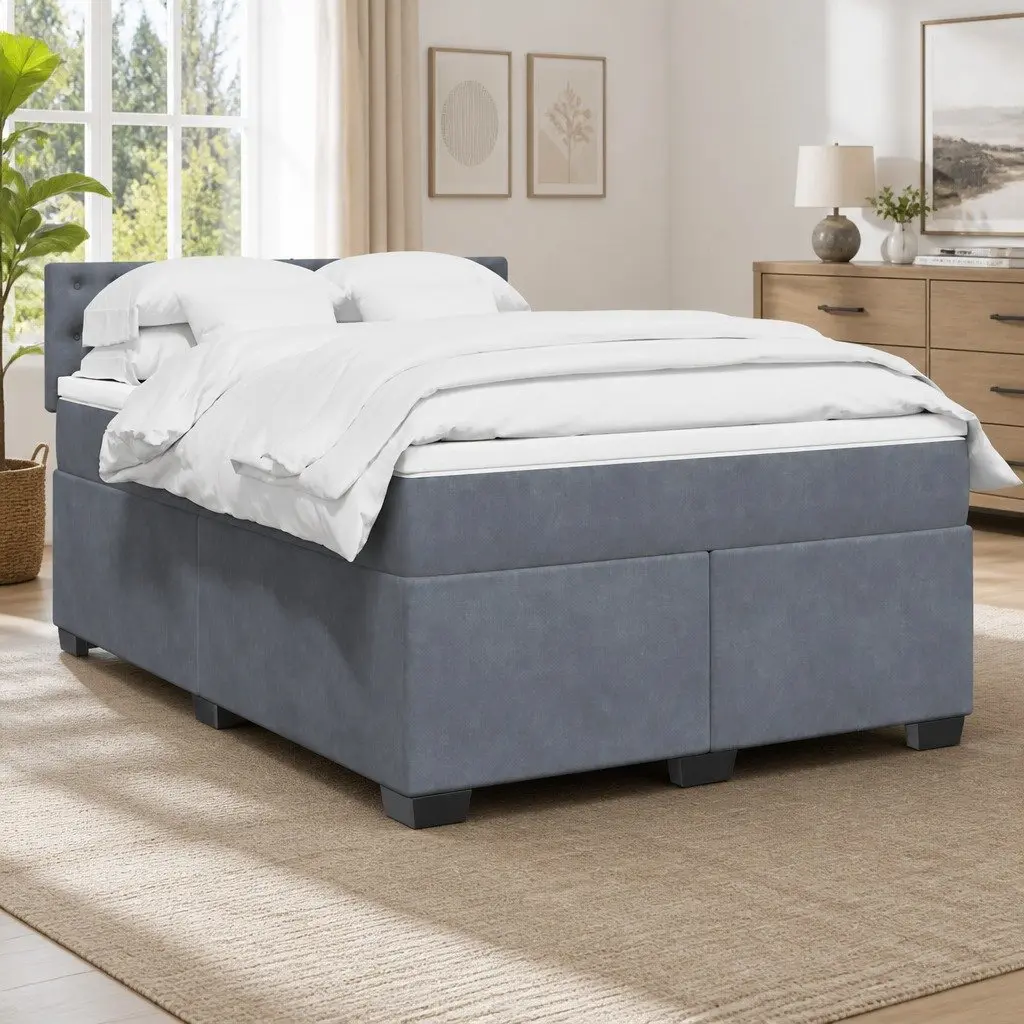 Double Box Spring Bed Dark Grey Velvet Double Bed Frame with Mattress