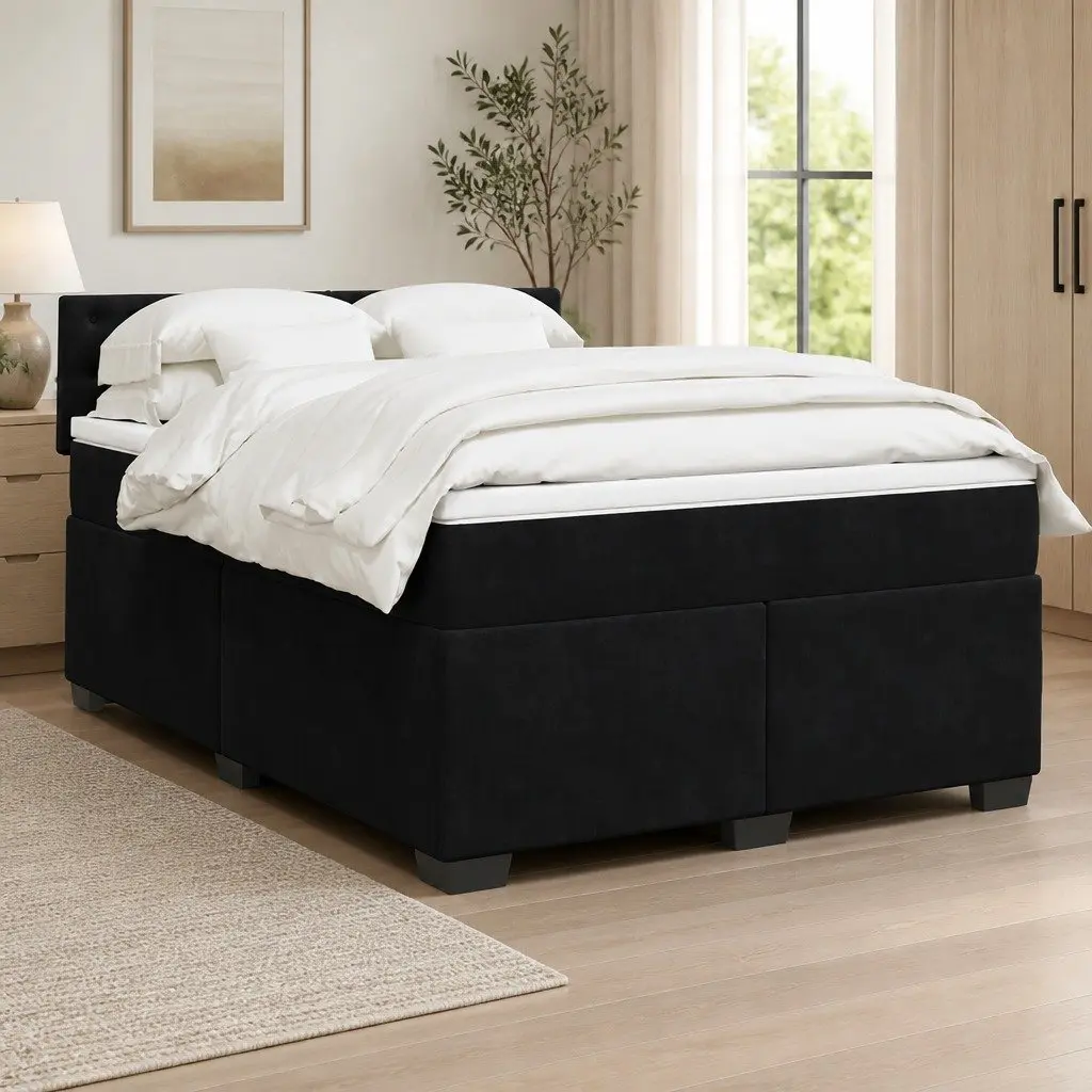 Box Spring Bed Velvet Grey Double Upholstered Frame with Pocket Spring Mattress