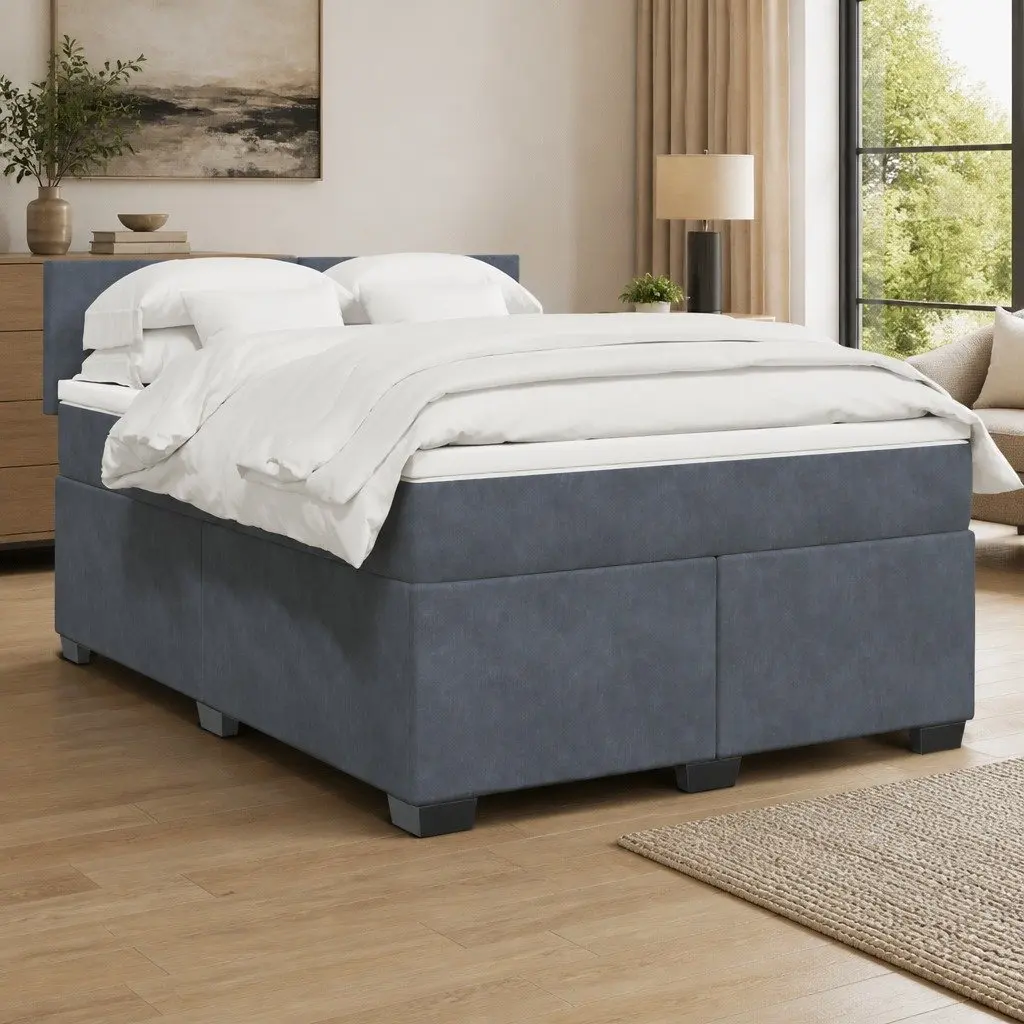 Box Spring Bed Velvet Upholstered Queen Pocket Spring Mattress Slatted Base