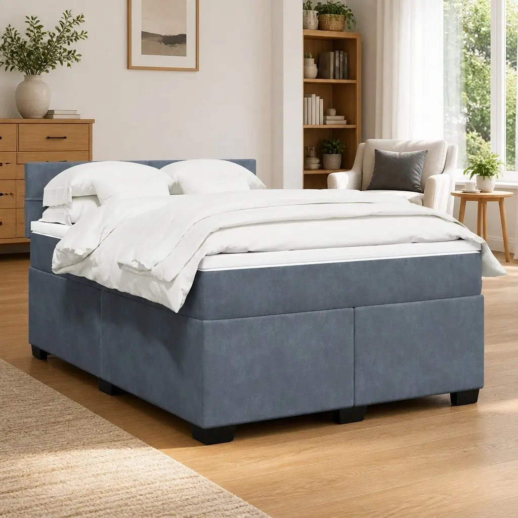 Box Spring Bed Velvet Queen Size Pocket Spring Mattress