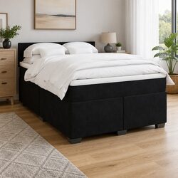Grey Velvet Upholstered Queen Box Spring Bed with Mattress