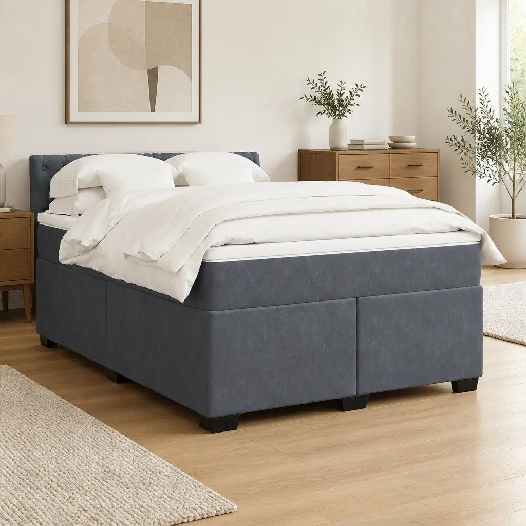 Box Spring Bed Velvet Upholstered Queen Size Pocket Spring Mattress Slats