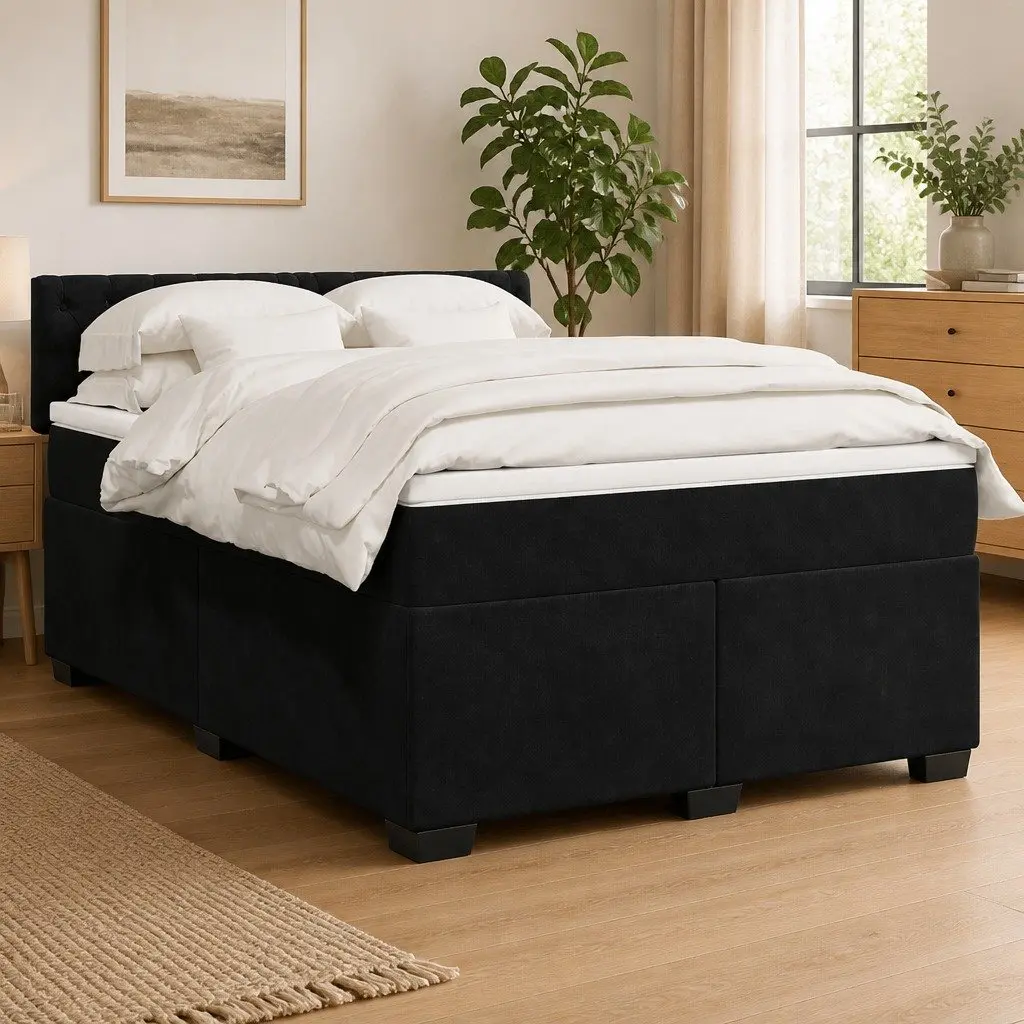 Queen Bed Frame Upholstered in Grey Velvet with Pocket Spring Mattress