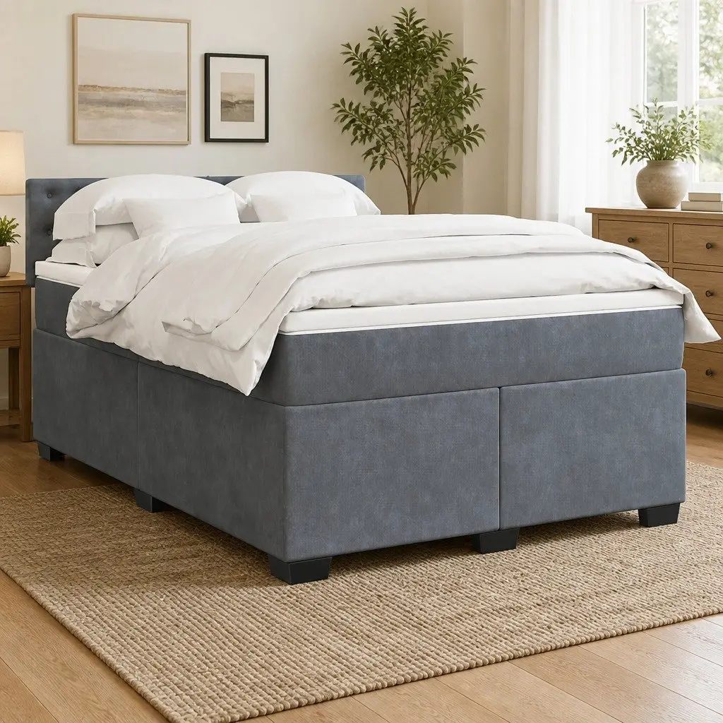 Queen Bed Frame with Mattress and Topper Dark Grey Velvet Pocket Spring