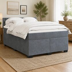 Queen Size Velvet Upholstered Box Spring Bed with Mattress