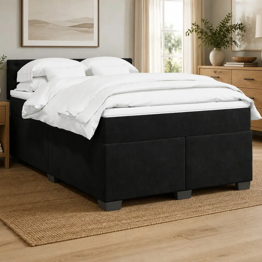 Queen Box Spring Bed Velvet Upholstered Frame Slat Base Pocket Mattress
