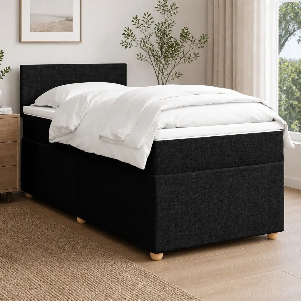King Single Box Spring Bed Black Fabric Frame Pocket Spring Mattress