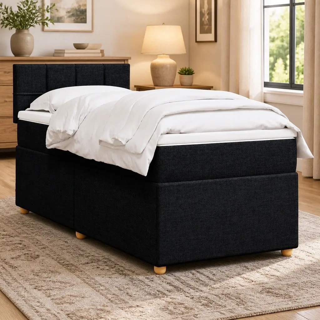 Box Spring Bed King Single Black Fabric Frame Pocket Spring Mattress