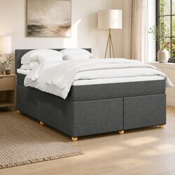 Double Box Spring Bed with Pocket Mattress in Grey Fabric