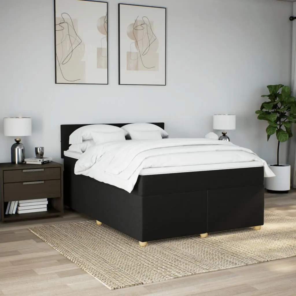 Box Spring Bed with Pocket Mattress Black Fabric Size Sturdy Frame