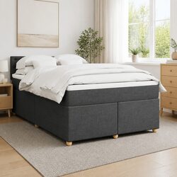 Double Box Spring Bed with Pocket Mattress in Grey Fabric