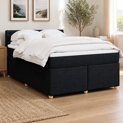 Queen Box Spring Bed with Pocket Mattress in Black Fabric
