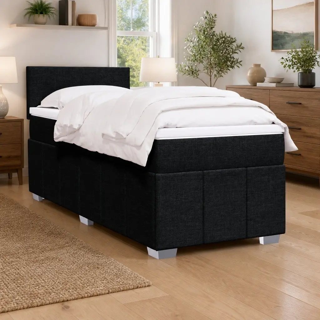Box Spring Bed King Single Black Fabric Frame with Pocket Spring Mattress