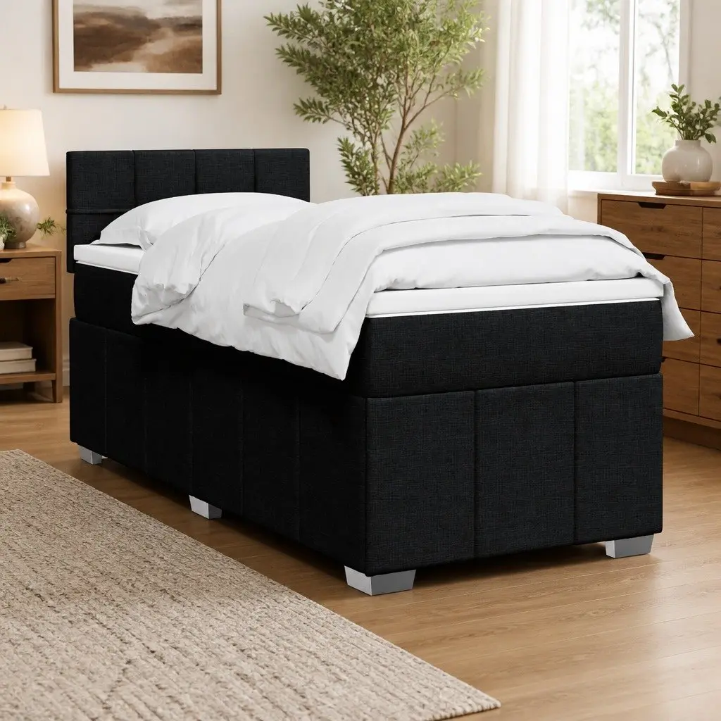 King Single Box Spring Bed Black Fabric Frame Pocket Spring Mattress