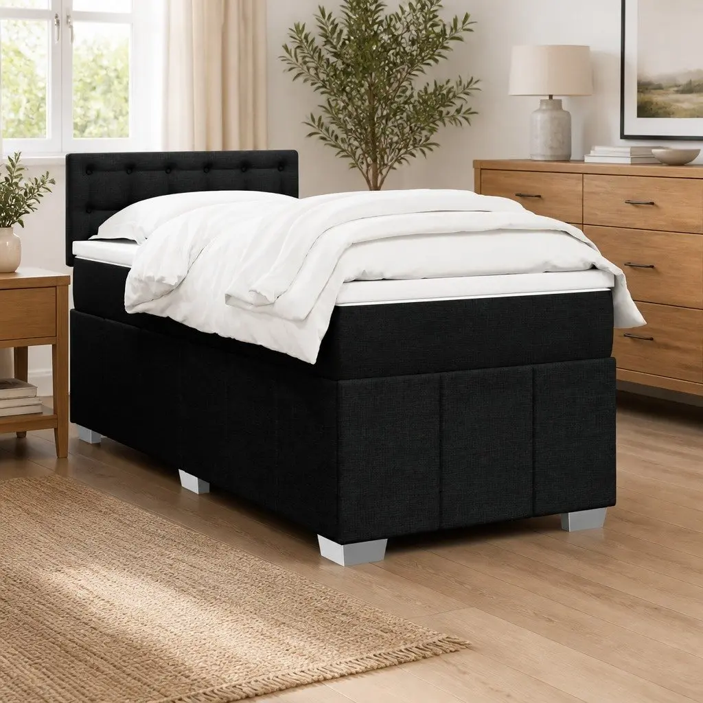 King Single Box Spring Bed Black Fabric Frame Pocket Spring Mattress Slats