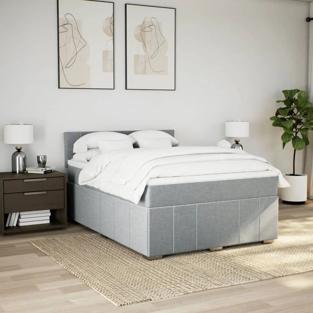Queen Box Spring Bed Grey Fabric Pocket Spring Mattress Slatted Base