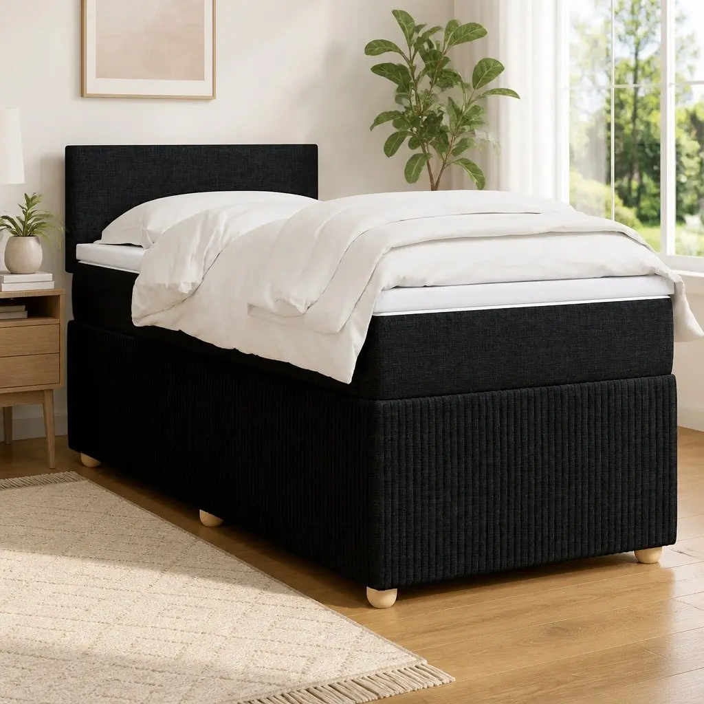 Box Spring Bed King Single Black Fabric Frame Pocket Spring Mattress